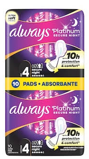 ALWAYS PLATINUM SECURE NIGHT 10PCS SIZE4